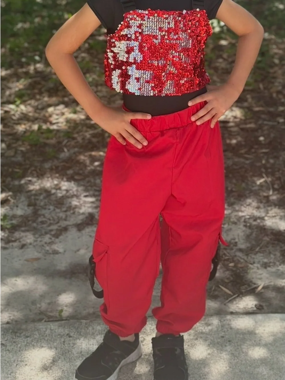 Girls Red Cargo Jogger Pants and Bodysuits with sequins top